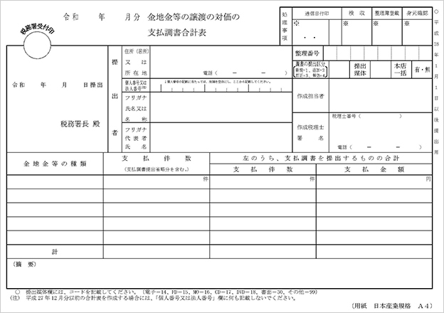 金地金等の譲渡の対価の支払調書